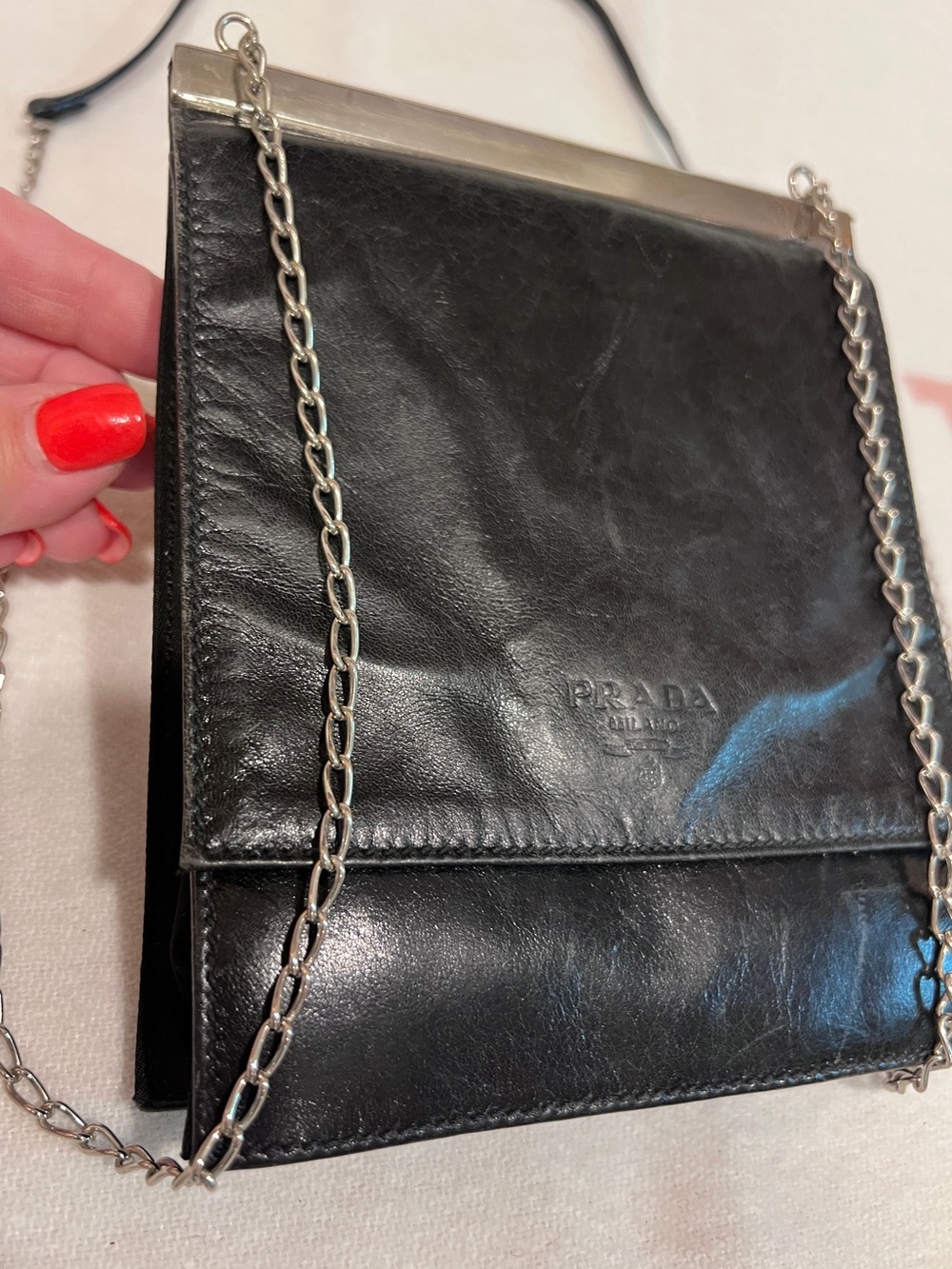 PRADA⭐️RARE VINTAGE Black Leather Chain-Strap Shoulder Bag! - Picture 3 of 14